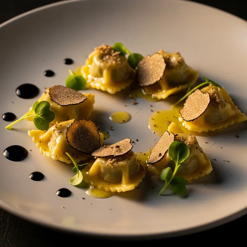 Agnolotti del Plin di Faraona al Tartufo Nero con Burro Nocciolato e Aceto Balsamico Invecchiato