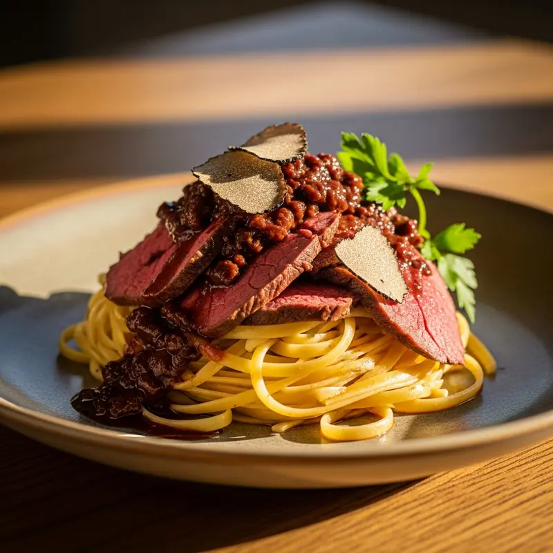 Anima di Manzo al Barolo e Tartufo Nero su Nido di Tagliatelle Fresche