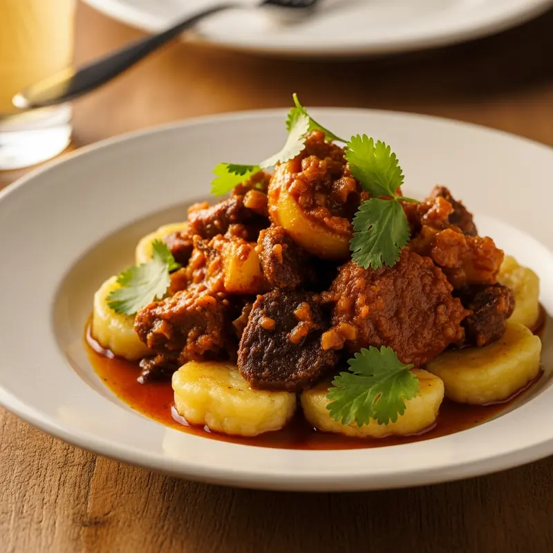 Arawak Gold Goat Curry: Slow-Braised Curried Goat with Scotch Bonnet-Infused Coconut Cream, Tamarind Glaze, and Sweet Potato-Plantain Gnocchi