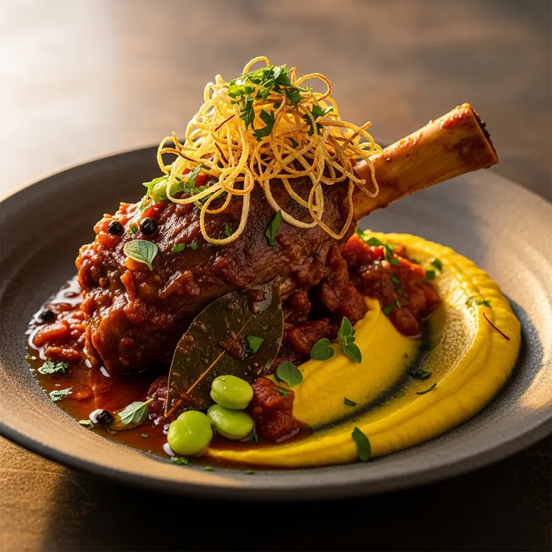 Arni Kokkinisto Metamorfosi: Slow-Braised Lamb Shank with Saffron-Kissed Fava Puree and Crispy Leeks