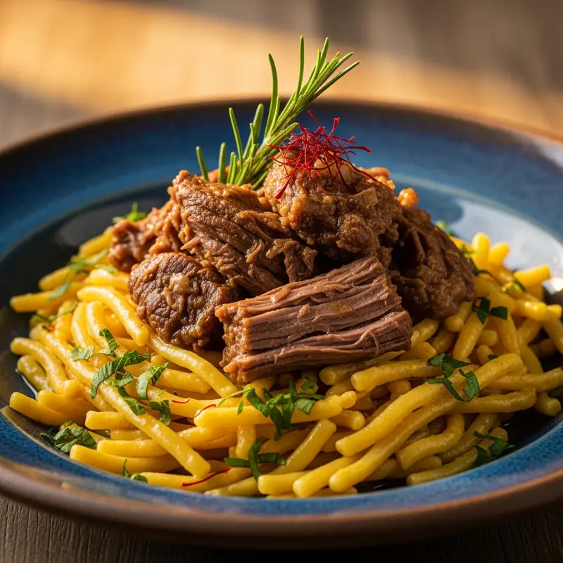 Arni me Hilopites kai Krokos Kozanis: Slow-Braised Lamb with Saffron-Kissed Egg Noodles