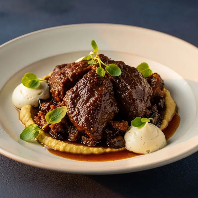 Arni Stifado Kapnisto me Melitzanes kai Afrogala Gravieras: Slow-Braised Lamb Shoulder with Smoked Eggplant Puree and Thyme-Kissed Graviera Foam