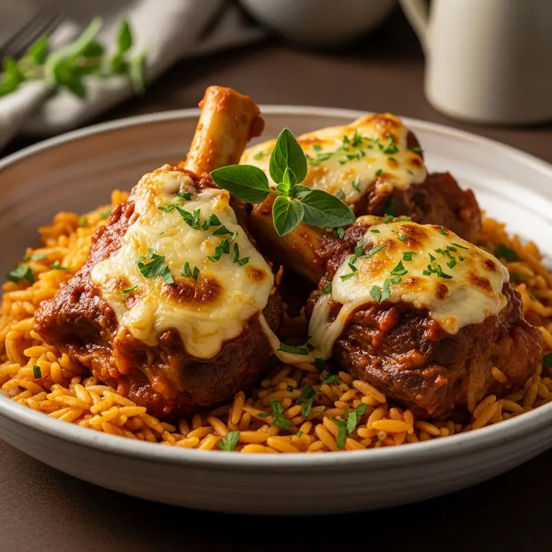 Arni Youvetsi me Kritharaki kai Graviera Kapnisti: Slow-Braised Lamb with Orzo and Smoked Graviera Gratin