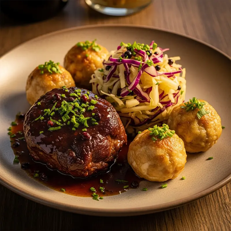Bavarian Veal Cheek Confit with Juniper-Kissed Apple-Kraut and Toasted Pretzel Dumplings