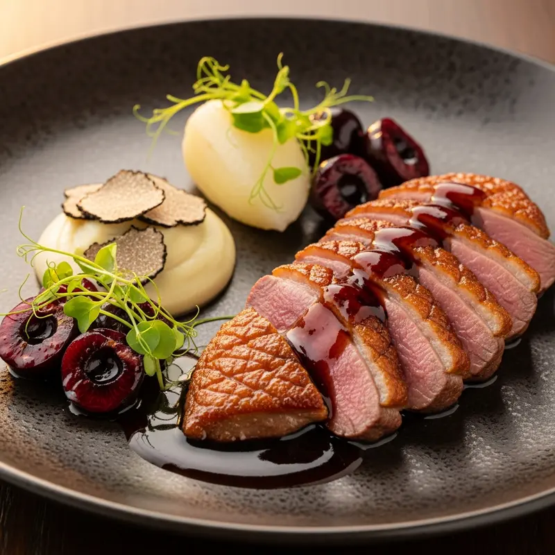 Canard Rôti aux Cerises Noires, Réduction au Porto et Purée de Céleri-Rave à la Truffe Noire