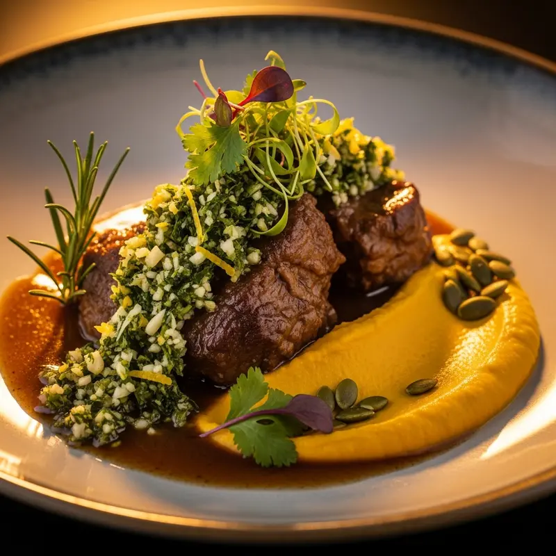 Cordero Patagónico Estofado con Puré de Zapallo Ahumado y Gremolata Andina