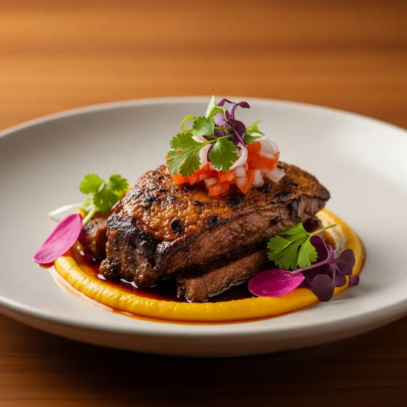 Cordero Pibil Real con Reducción de Naranja Agria y Puré de Camote Morado al Chipotle y Trufa Negra
