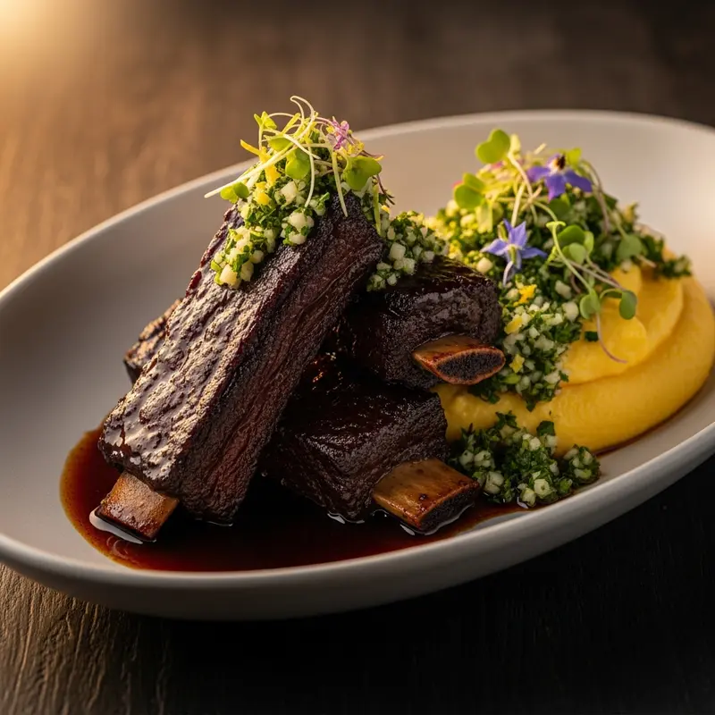 Cordillera Carbonada de Res: Malbec-Braised Short Ribs with Smoked Corn Polenta and Patagonian Gremolata