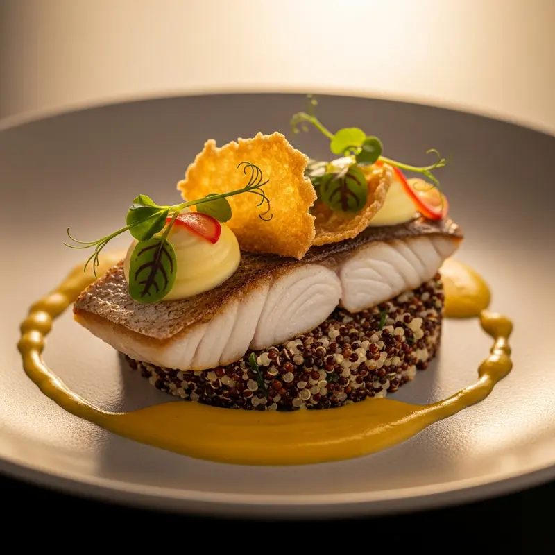Corvina Andina Esmeralda: Pan-Seared Corvina with Smoked Aji Amarillo Emulsion, Huacatay-Infused Quinoa, and Crispy Andean Tubers
