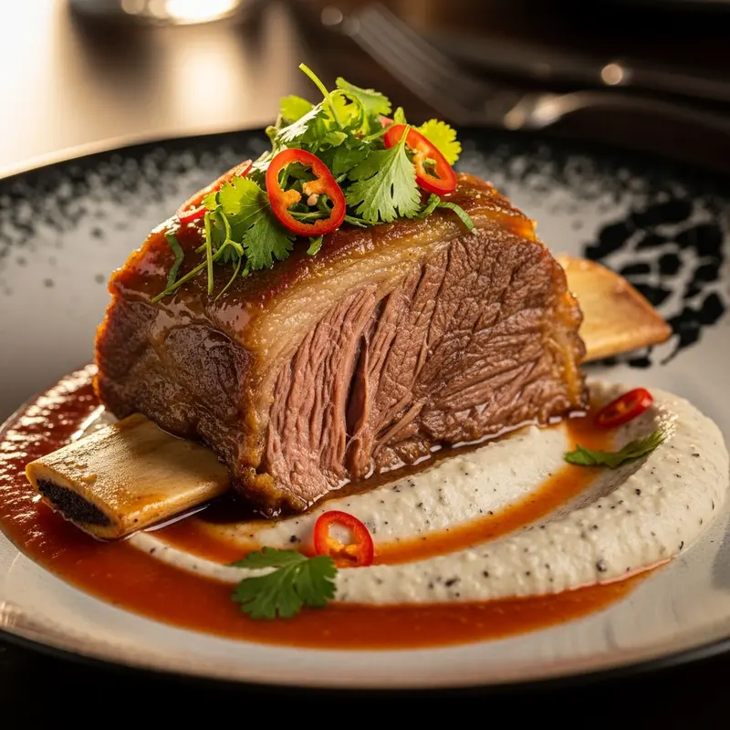 Costela Dourada do Sertão: Costela Bovina Braseada com Purê de Mandioca Trufado e Néctar de Goiaba-Cachaça