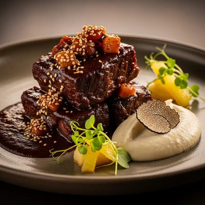 Costillas Cortas de Res con Mole Manchamanteles y Puré de Malanga Trufado