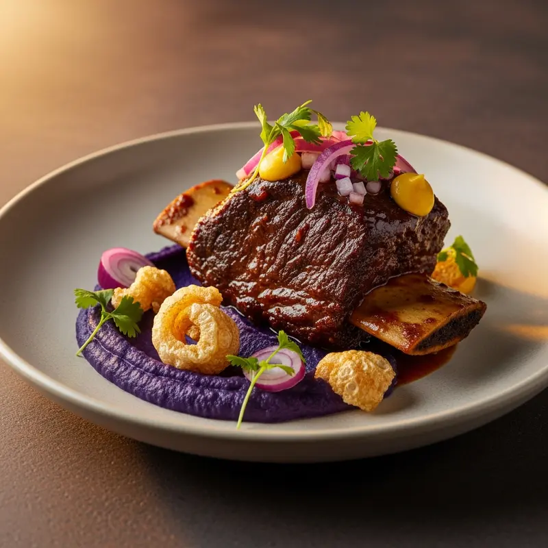 Costillas de Res en Adobo de Guajillo y Tamarindo con Puré de Camote Morado y Crujiente de Chicharrón
