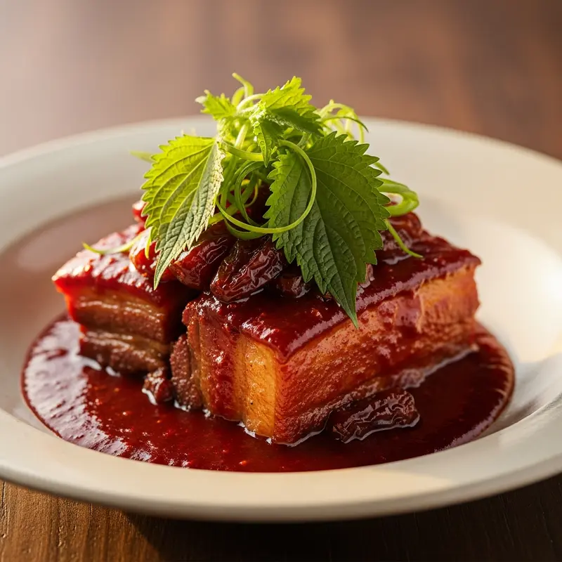Crimson Peony Dwaeji Jjim: Slow-Braised Heritage Pork Belly with Gochujang-Date Glaze and Pine Nut-Perilla Gremolata
