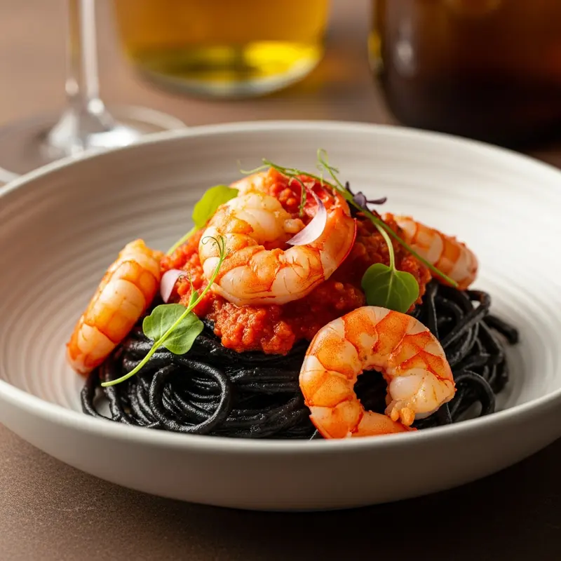 Crimson Prawn and Golden Bottarga Tagliolini: Squid Ink Pasta with Red Prawn Ragu and Shaved Cured Mullet Roe