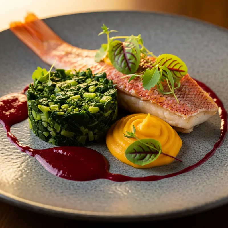 Crimson Snapper with Callaloo & Sweet Potato Silk, Sorrel-Ginger Gastrique