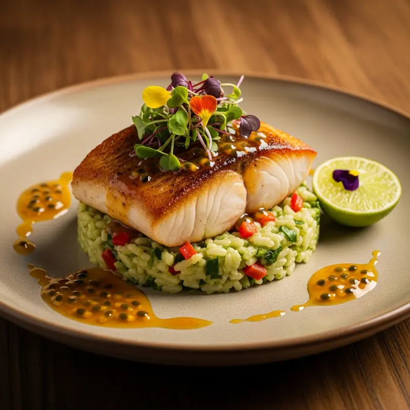 Emerald Coast Mahi-Mahi with Callaloo-Coconut Risotto and Passion Fruit-Scotch Bonnet Glaze