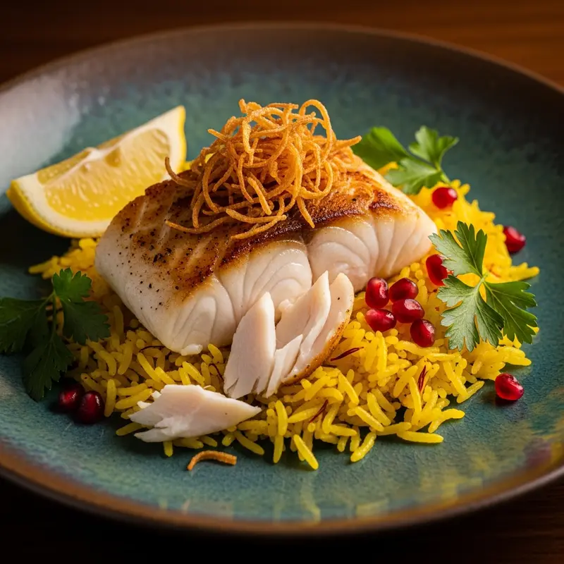 Emerald Coast Sayadieh: Pan-Seared Halibut with Saffron-Infused Basmati and Crispy Shallot Confetti