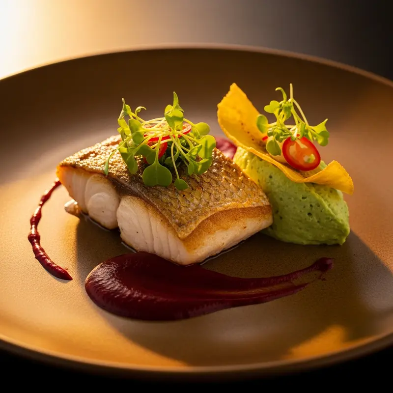 Emerald Coast Snapper with Callaloo-Coconut Mousse, Plantain Crisp, and Pimento-Sorrel Reduction