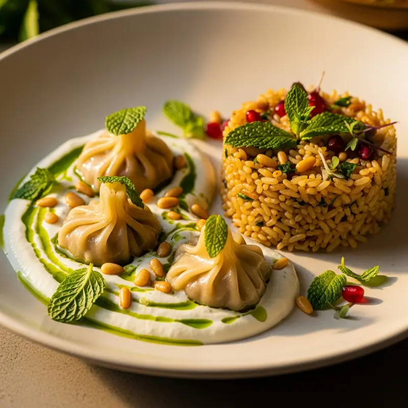 Emerald Dewdrop Lamb Dumplings: Shish Barak in Aromatic Mint-Yogurt Emulsion with Golden Pine Nut Pilaf