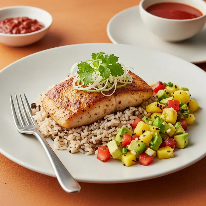 Emerald Isle Mahi-Mahi: Pan-Seared Mahi-Mahi with Fiery Tamarind-Scotch Bonnet Glaze, Coconut-Scented Forbidden Rice, and Tropical Charred Pineapple-Avocado Salsa