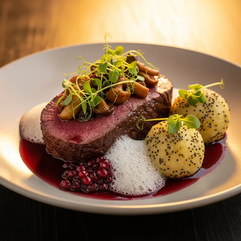 Forest Reverie Venison Loin: Marinated Venison with Wild Mushroom Espuma, Lingonberry-Port Reduction, and Poppy Seed Potato Dumplings