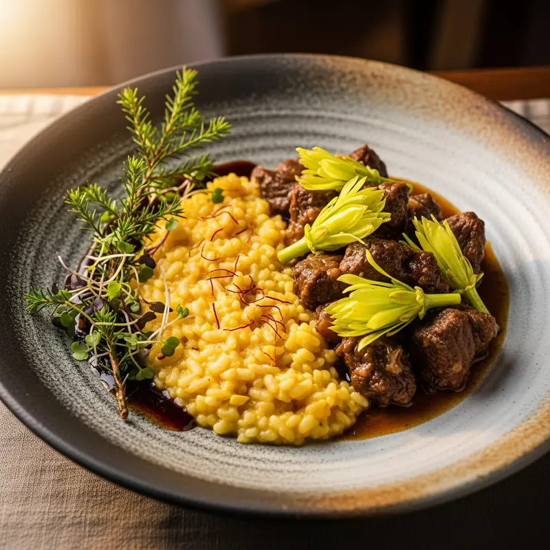 Fynbos-Kissed Karoo Lamb & Waterblommetjie Bredie with Saffron-Infused Samp Risotto