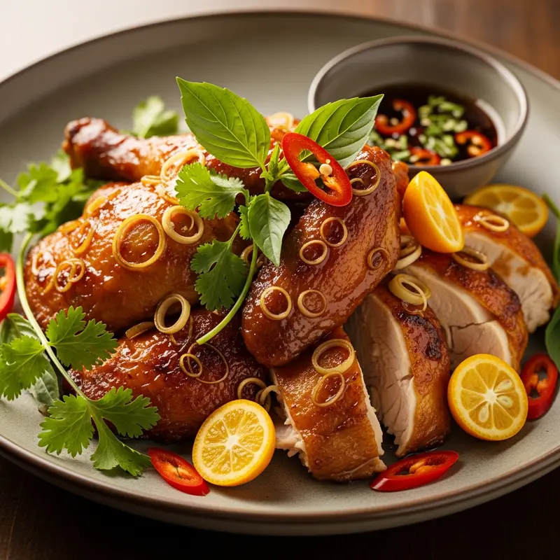 Gà Nướng Sả Mật Ong Tắc Thơm: Lemongrass & Kumquat Glazed Roasted Chicken with Aromatic Herbs