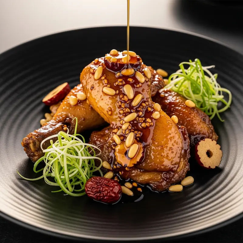 Geumsaek Bonghwang Jjim: Saffron-Infused Black Chicken with Pine Nut & Jujube Nectar