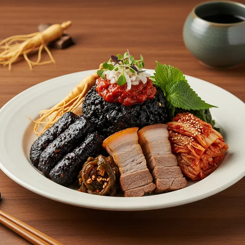 Ginseng-Infused Ogye Dolsot Bossam: Black Chicken & Pork Belly Duo with Aromatic Perilla Ssamjang and Fermented Kimchi Jardinière