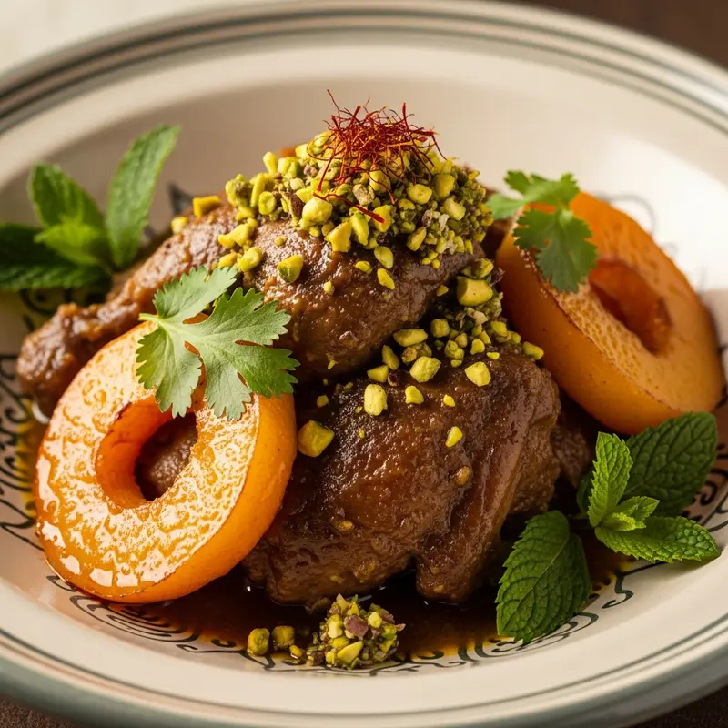 Hamam bil Sfargel wa Za'faran: Imperial Pigeon Tagine with Caramelized Quince and Saffron-Pistachio Gremolata