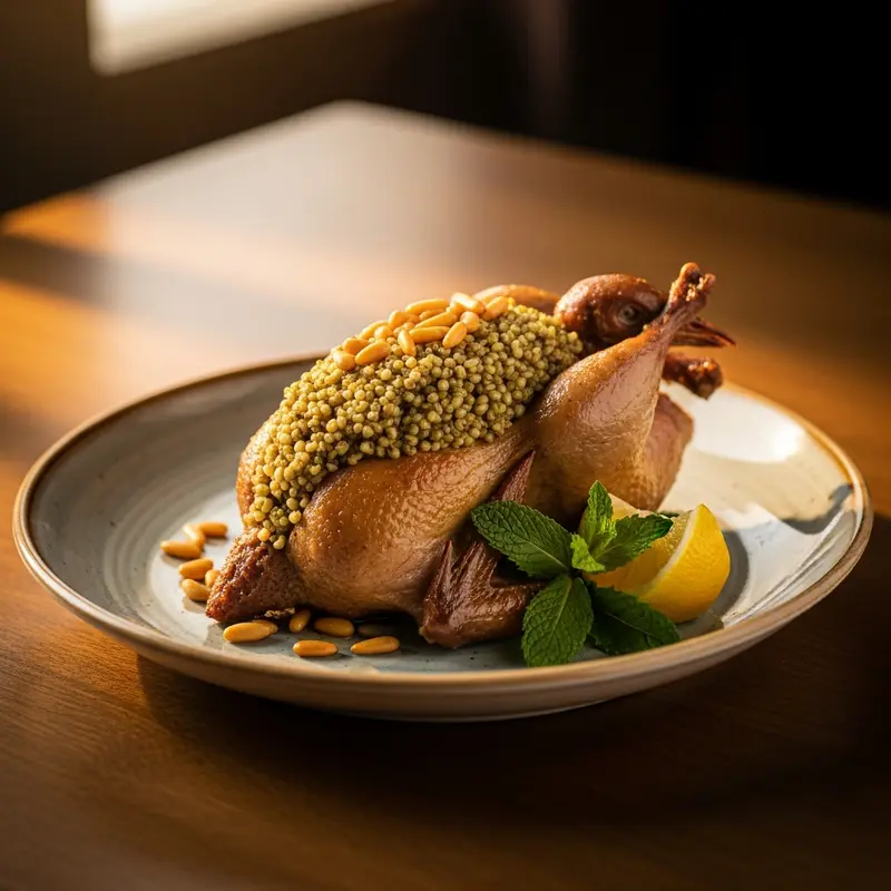 Hamam Mahshi Al-Fakher: Imperial Stuffed Pigeon with Aromatic Freekeh and Golden Pine Nuts