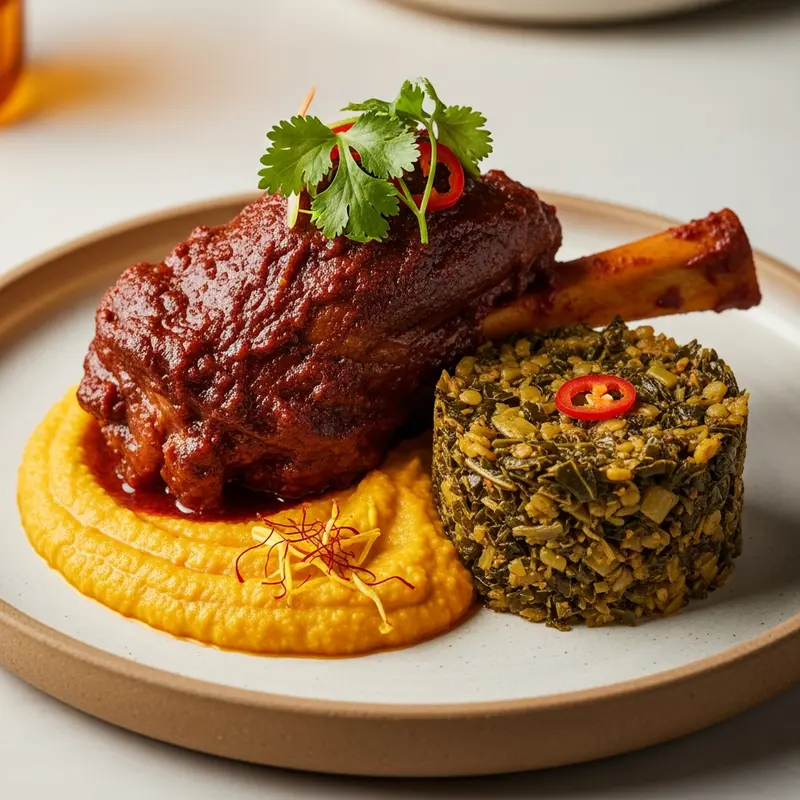 Imperial Berbere-Braised Lamb Shank with Saffron Lentil Puree and Spiced Gomen