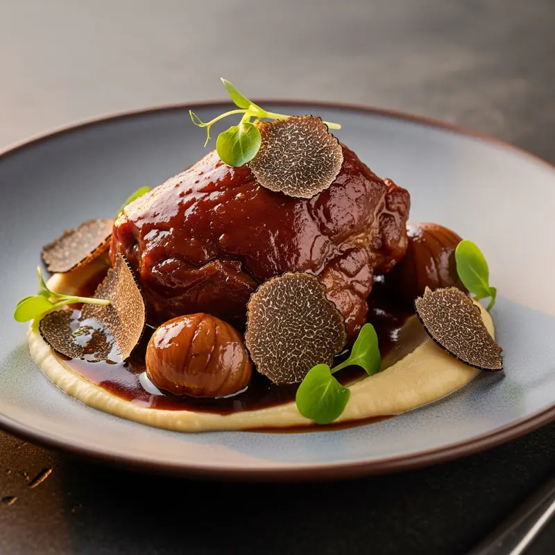 Imperial Iberian Pork Cheeks Braised in Pedro Ximénez Sherry with Silken Chestnut Purée and Shavings of Black Winter Truffle
