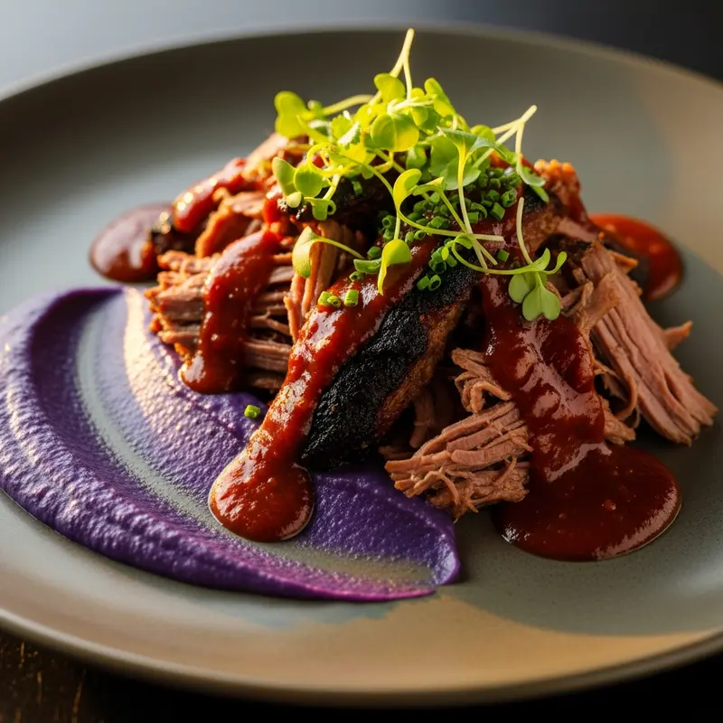 Imperial Lamb Barbacoa with Ancho Chile 'Drunken' Sauce and Purple Sweet Potato Silk