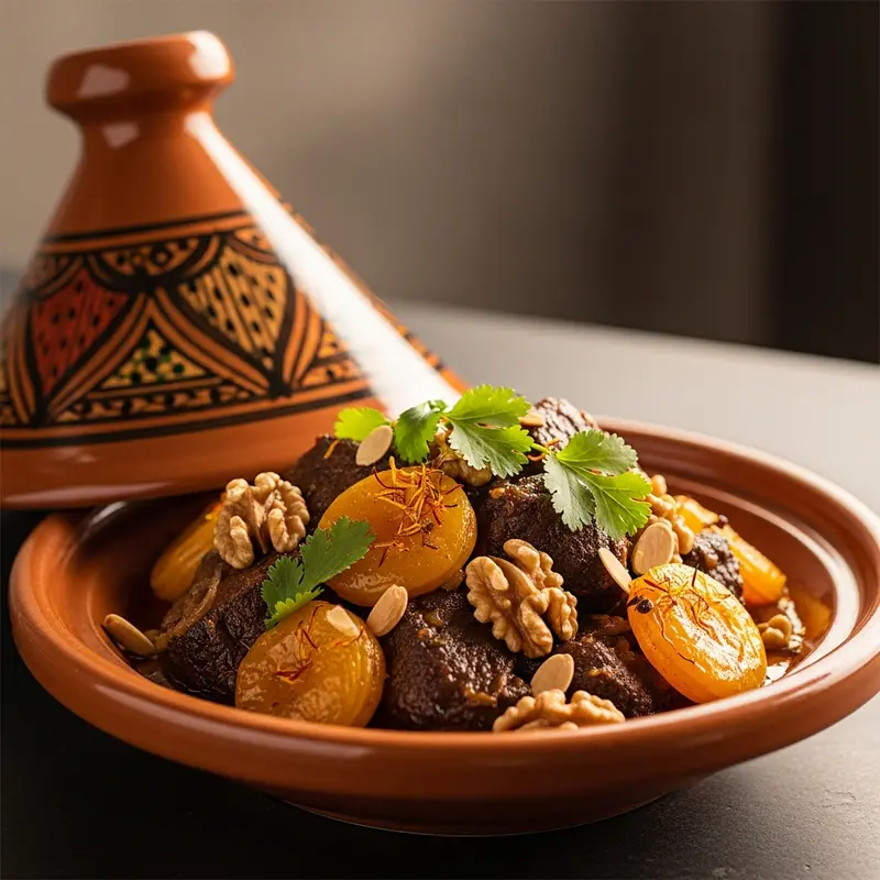 Imperial Lamb Tagine with Golden Apricots, Toasted Walnuts, and Saffron-Orange Blossom Nectar