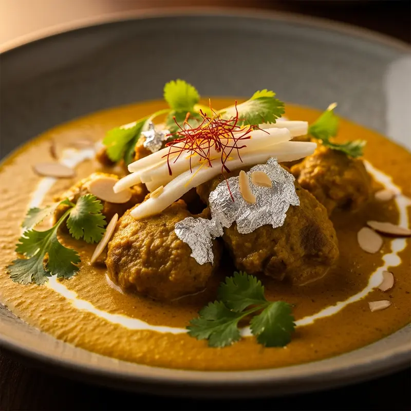 Imperial Saffron Lamb Korma with Reduced Milk Solids and Edible Silver