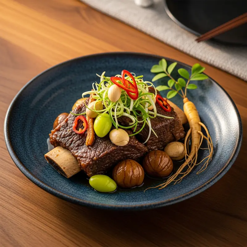 Jade Palace Galbi Jjim: Heritage Beef Short Ribs Braised with Aged Soy, Chestnuts & Wild Ginseng Essence