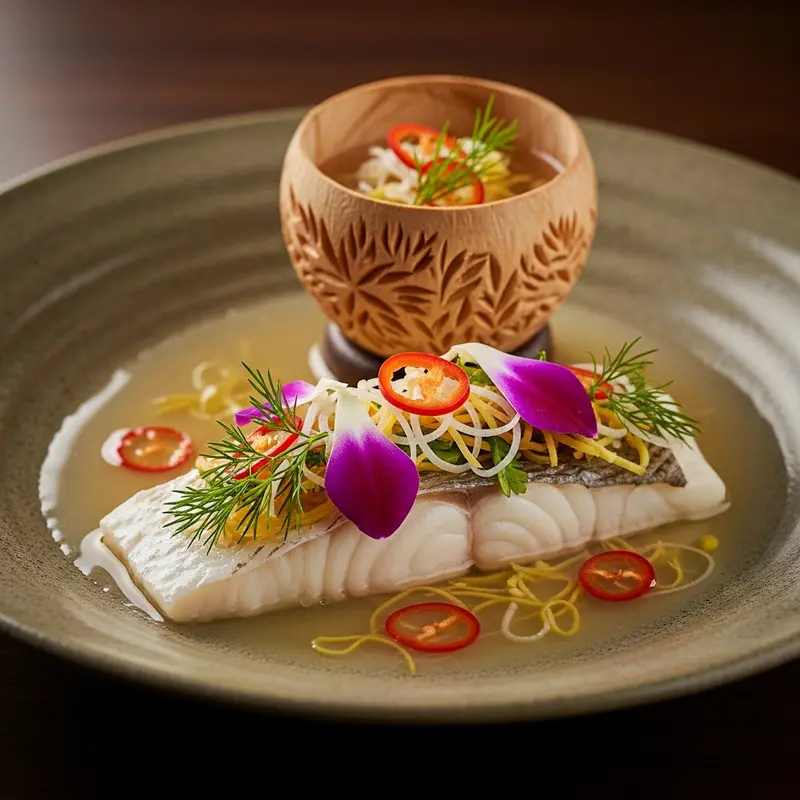 Jade Stream Barramundi: Steamed Barramundi with Young Coconut-Ginger Infusion