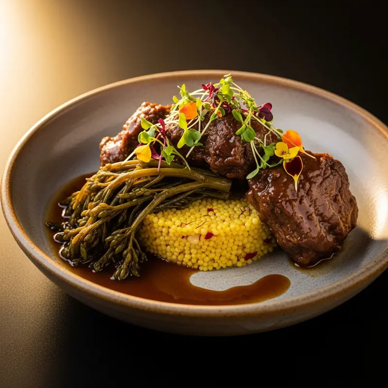 Karoo Lamb & Waterblommetjie Bredie with Saffron-Infused Pearl Couscous
