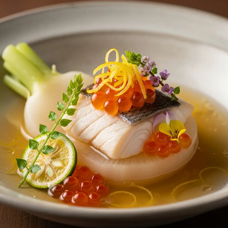 Kinmedai Kabura Mushi with Yuzu-Kissed Dashi and Ikura Jewels