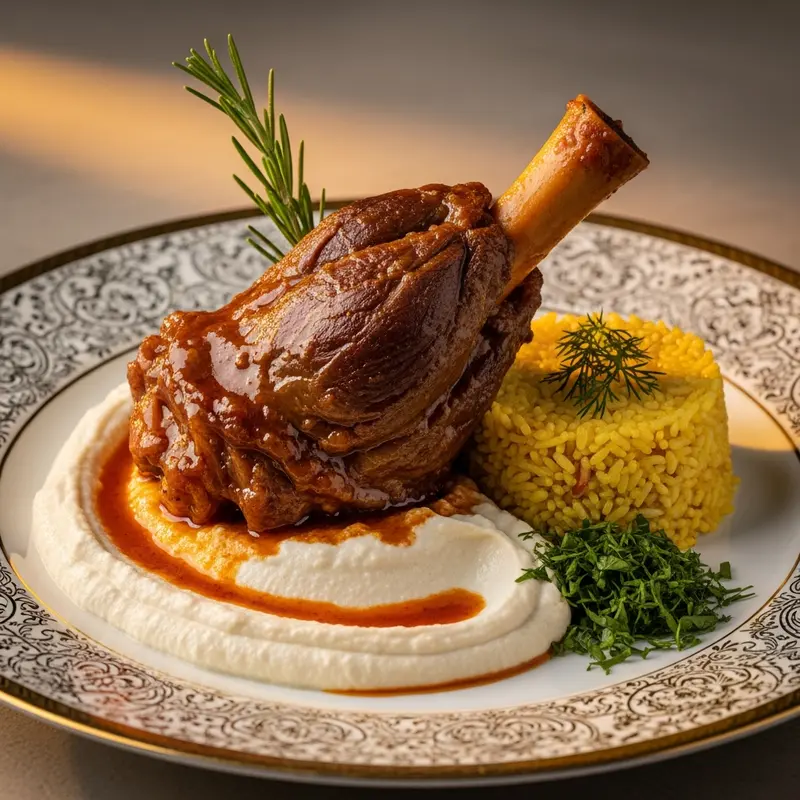 Kuzu İncik Hünkar Beğendi Altın Yatakta: Imperial Braised Lamb Shank with Silken Eggplant Puree on Saffron Pilaf