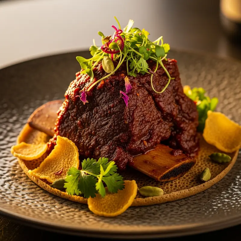 Meskela Siga Wot: Imperial Beef Short Ribs with Cardamom-Rose Infused Berbere & Golden Injera Crisps