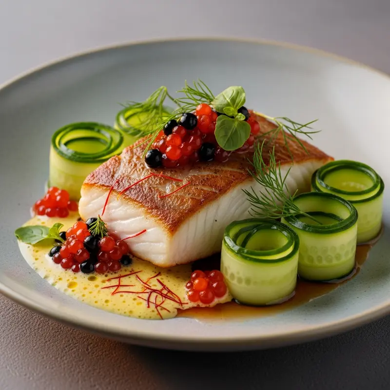Nordic Aurora Arctic Char: Pan-Seared Arctic Char with Saffron-Dill Emulsion, Cloudberry-Juniper Glaze, and Compressed Cucumber Ribbons
