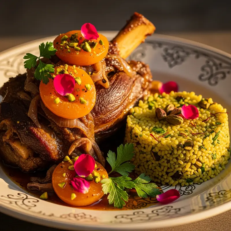 Ottoman Rose Lamb: Slow-Braised Lamb Shoulder with Apricot-Rose Petal Confit and Saffron-Pistachio Bulgur Pilaf
