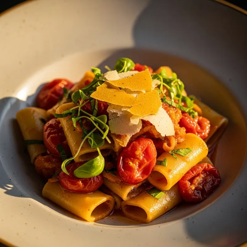 Paccheri del Mare Adriatico con Pomodorini del Piennolo e Scaglie di Bottarga Dorata
