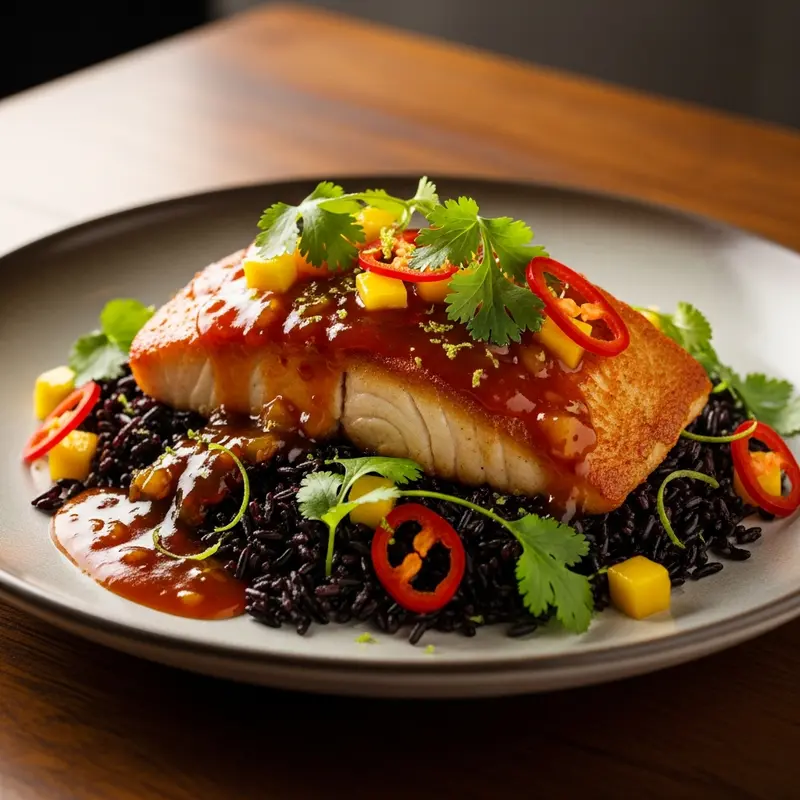 Pan-Seared Caribbean Red Snapper with Spiced Tamarind-Mango Glaze and Coconut-Lime Black Rice