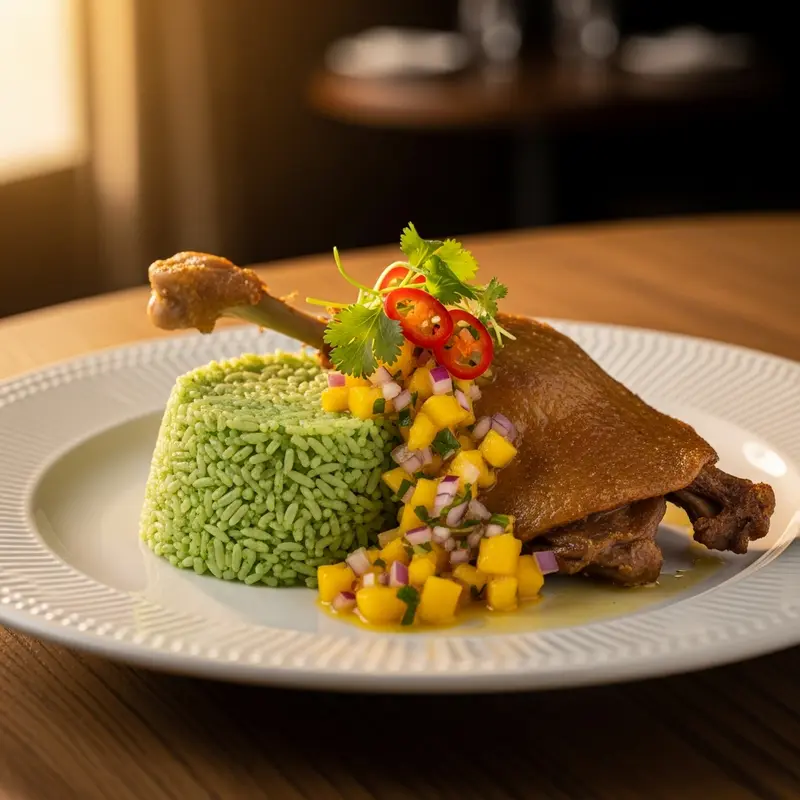 Pato Confitado con Arroz Verde Esmeralda y Salsa Criolla de Mango