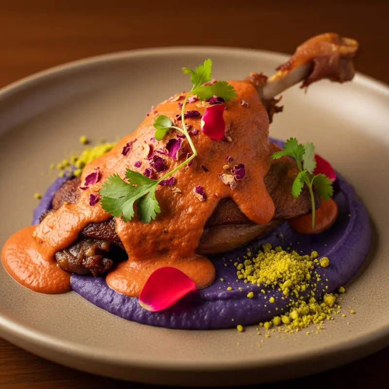 Pato Confitado en Mole Rosa de Taxco con Purée de Camote Morado y Crujiente de Pistacho