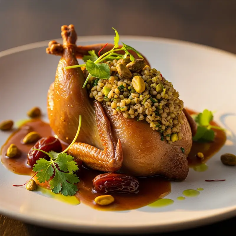 Pharaoh's Golden Quail: Saffron-Kissed Freekeh & Pistachio Stuffed Quail with Aromatic Date-Infused Jus