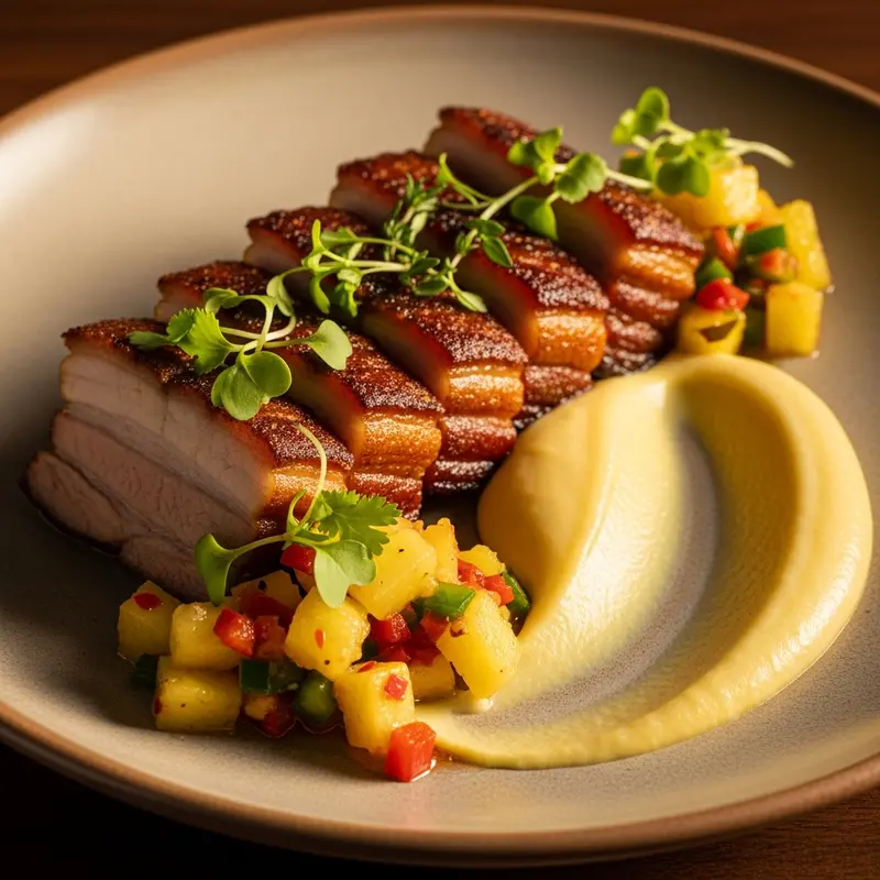 Pimento-Smoked Pork Belly with Charred Pineapple-Scotch Bonnet Relish and Plantain Silk